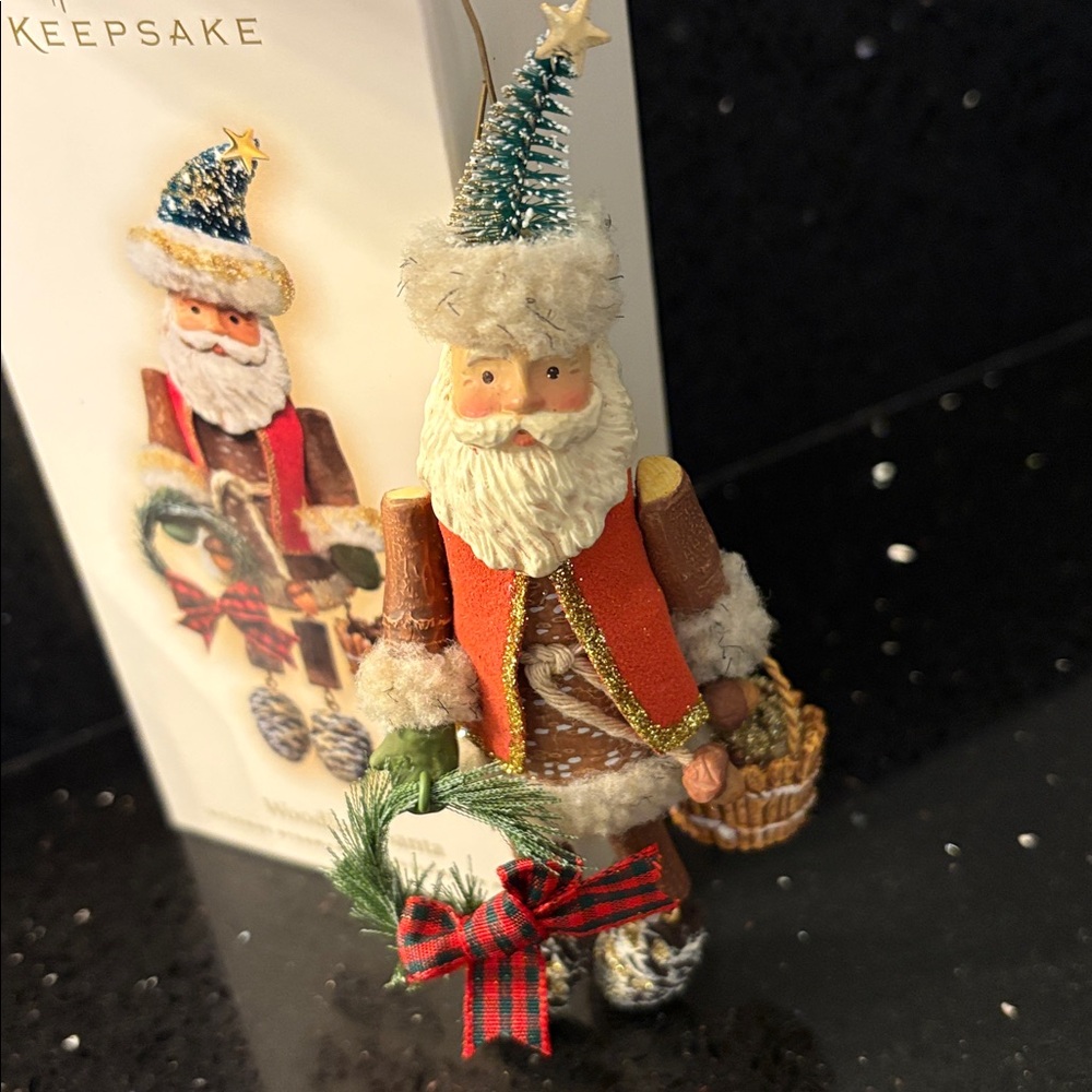 2 Santa Ornaments: Hallmark Keepsake Woodland Santa & Santa w Presents Stack - Picture 2 of 8